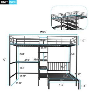 BOVZA Full Over Twin Metal Bunk Bed with Built-in Desk, Storage Shelves and Ladder, L Shaped Loft Bed Frame for Kids, Teens, Girls, Boys, Black