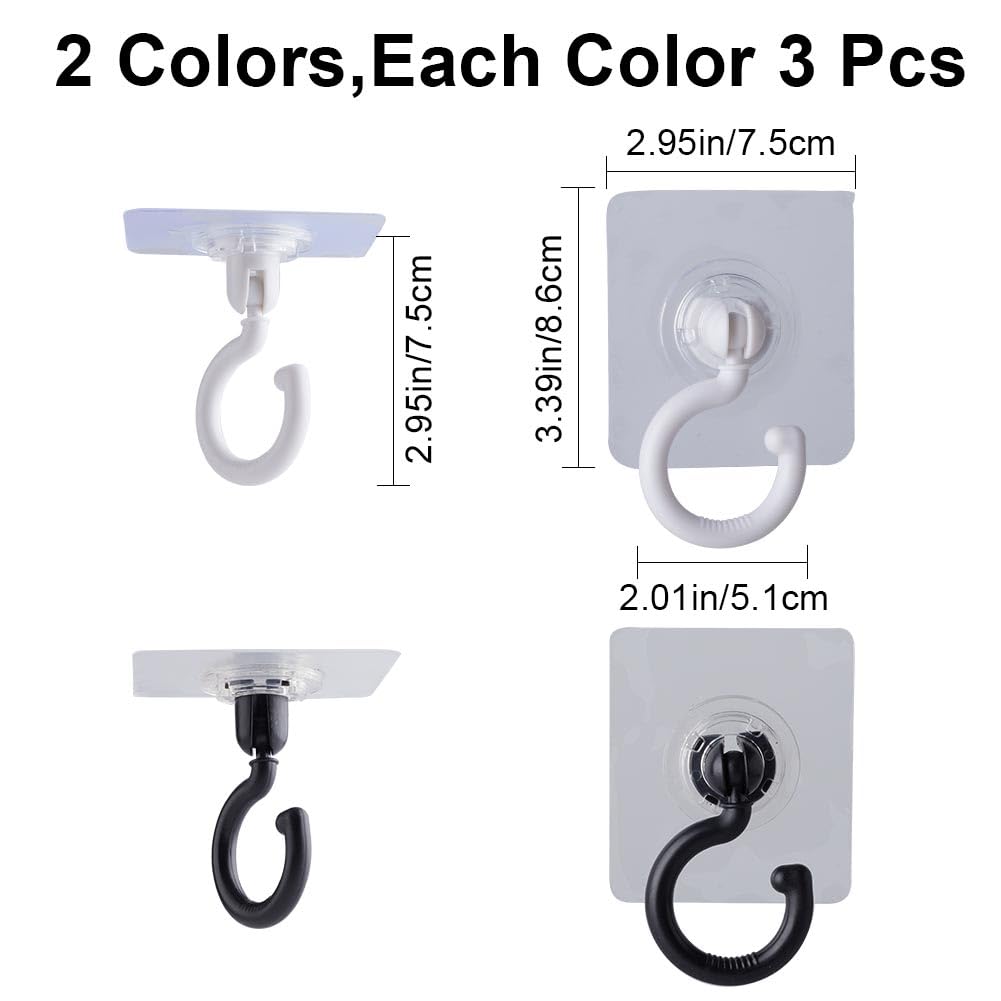 GORGECRAFT 6Pcs Adhesive Mosquito Net Ceiling Hooks and Wall Hooks Swivel Ceiling Turn 360°/180°Mounted Hooks for Hanging Small Plants Towel Coat Bag Bathroom Bedroom Kitchen Door, White&Black