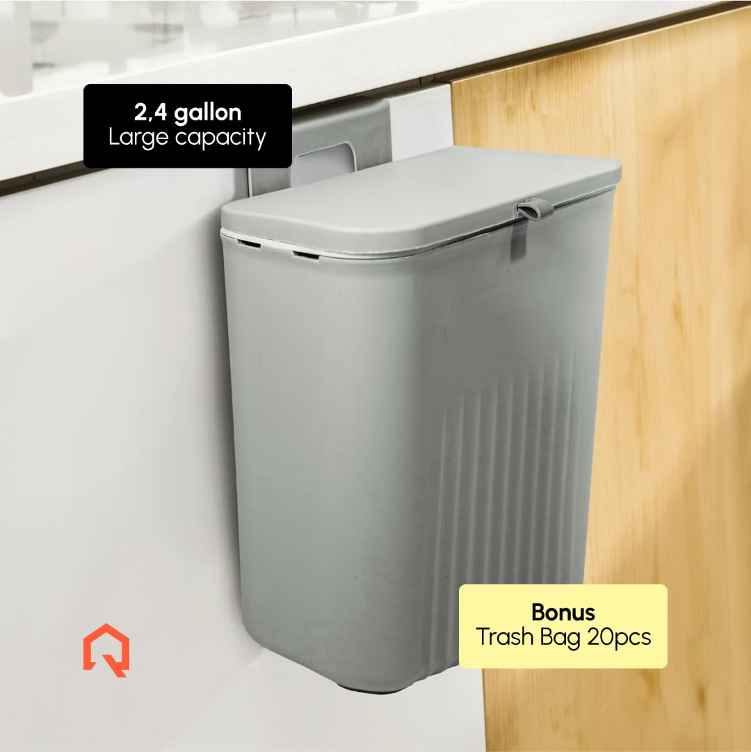 QUALIKUS 2.4G Wall Mounted Storage Trash Can Cabinet with Compost Bin Kitchen and Recycling Bin, Smart Gadgets for Home, Countertop Compost Bin with Lid, Trash Can Pull Out for Kitchen Cabinet (Grey)