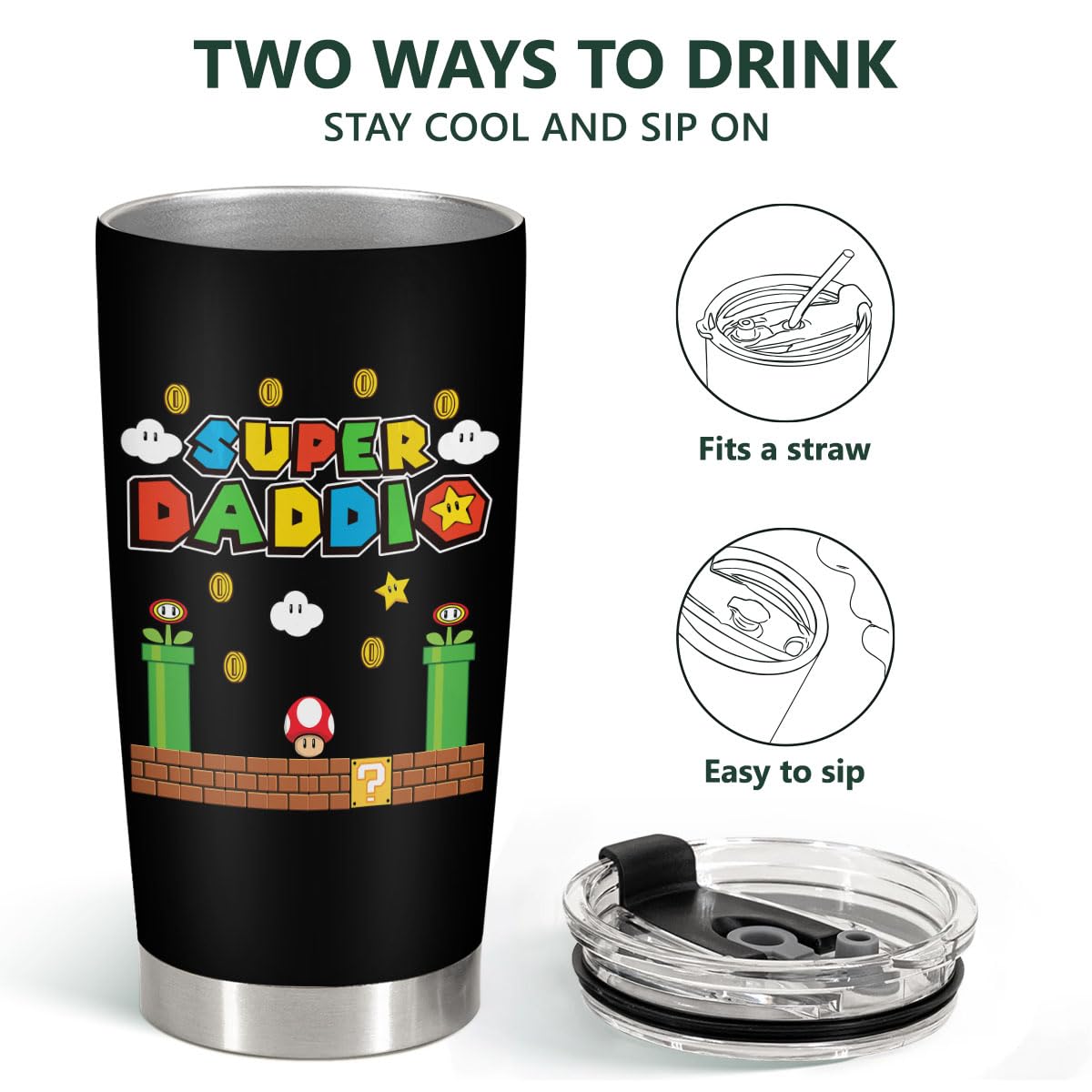 34HD Christmas Gifts for Dad, Daddio Tumbler with Lid 20 oz Stainless Steel, Daddio Coffee Mug, Gamer Dad Birthday Gifts from Daughter Son