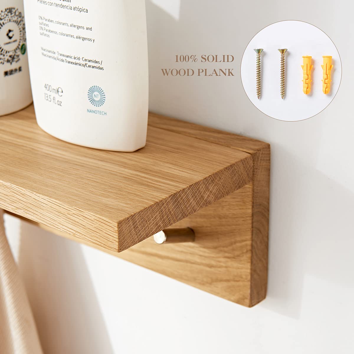 Oak Wood Wall Shelf with Hooks, Entryway Shelf Coat Rack with 6 Hooks, Floating Shelves with Hooks Coat Hooks Wall Mounted with Shelf for Bathroom, Living Room, Bedroom (27.5 inch)