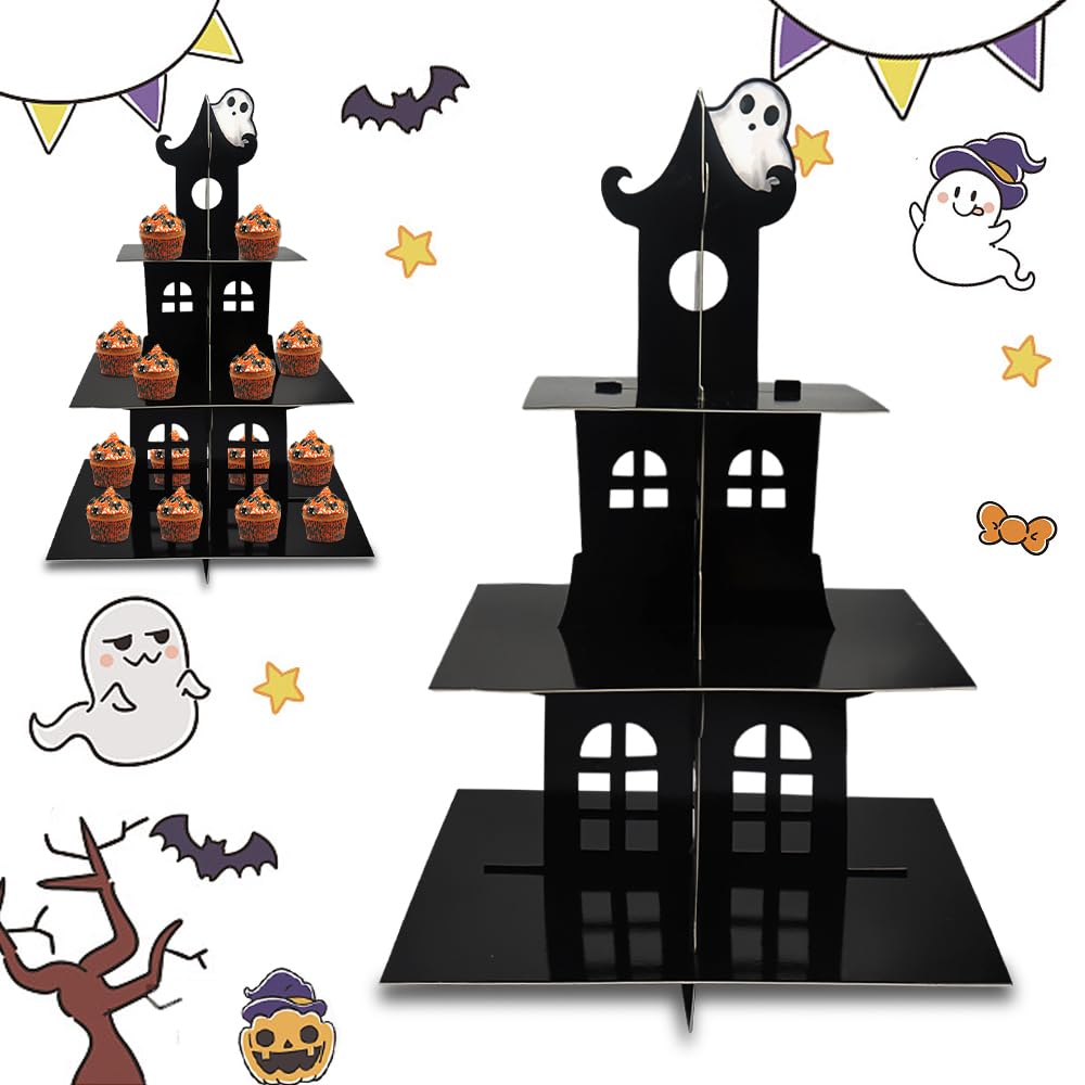 3-Tier Halloween Cupcake Stand Tower Halloween Castle Cake Stand Halloween Round Cardboard Dessert Tower Dessert Tree Tower for Halloween Party Supplies Dessert Serving Tray for Halloween Decorations