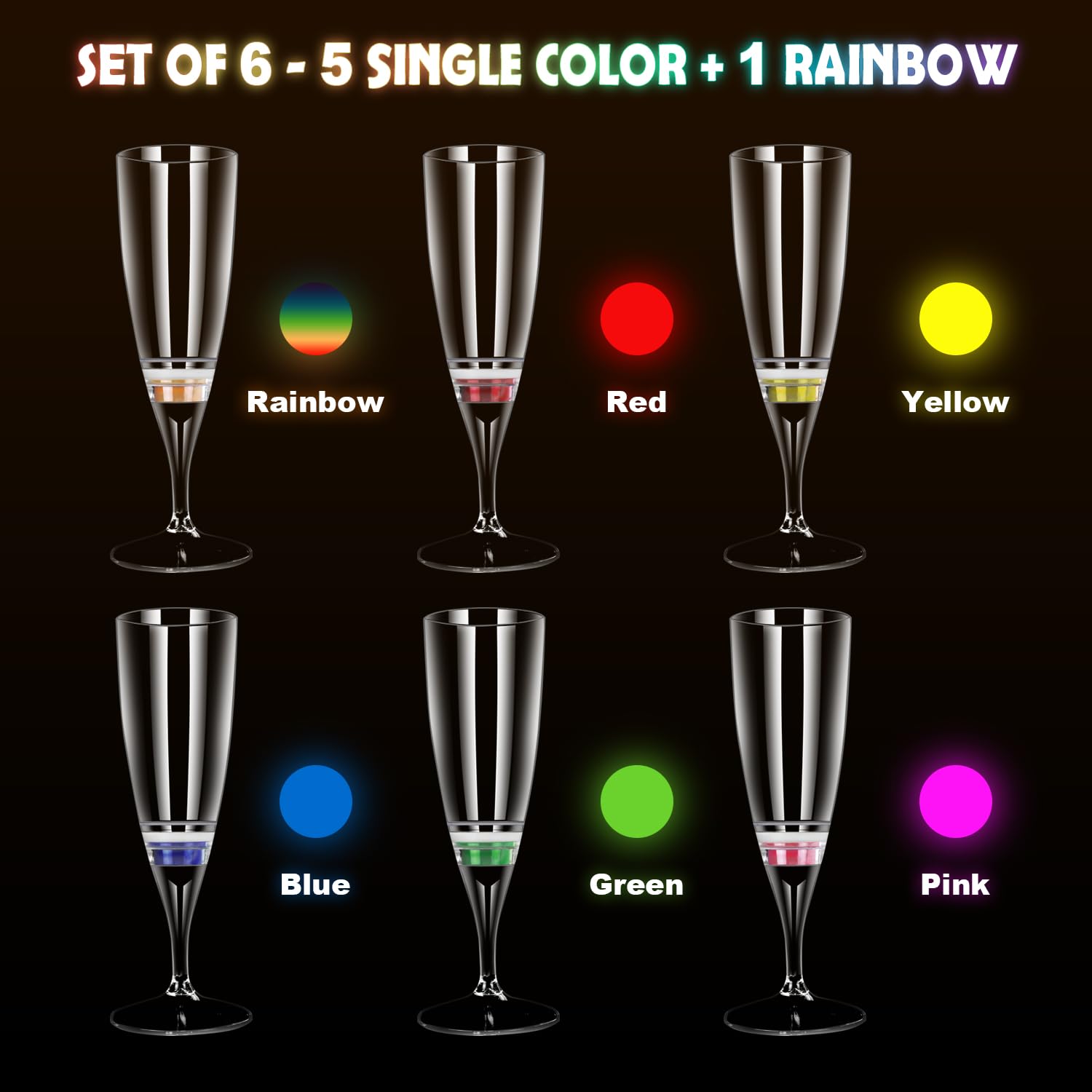 LED Light Up Cups Wine Champagne Flutes Set of 6 Party Favors Adults, Colored Plastic Champagne Flutes Drinking Glasses Glow in the Dark Colorful Glowing Cups for Birthday Christmas Halloween Weddings