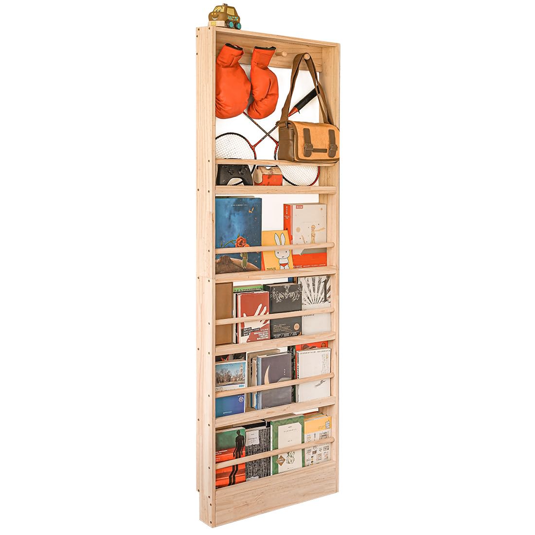 morimoe Wooden Kids Bookshelf, Wall Mount Shelf with Hooks, Organizer for Toys and Books, Space-Saving