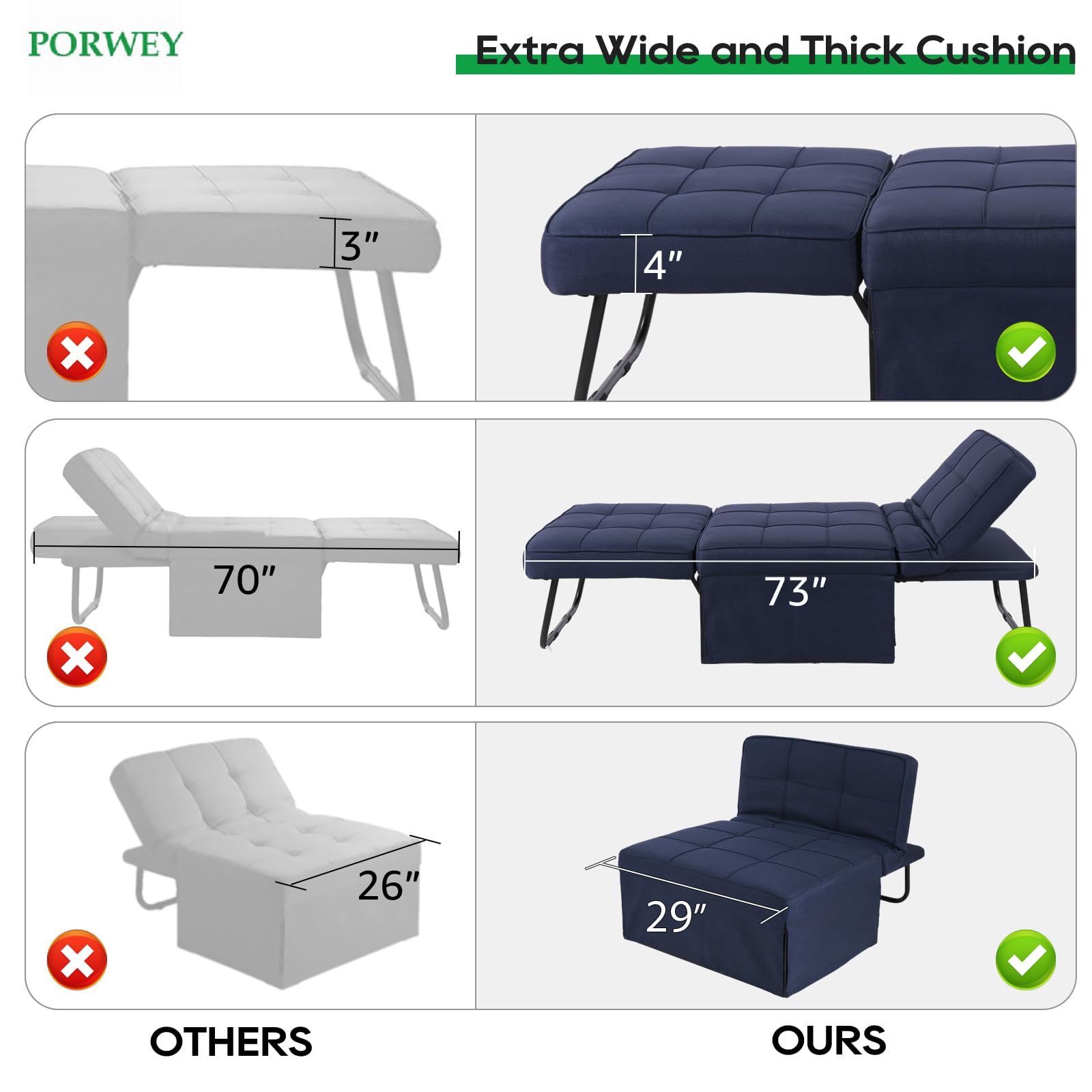 PORWEY Sleeper Chair Bed, 4-in-1 Convertible Futon Ottoman Bed Sleeper, Foldable Sofa Couch with Adjustable Backrest for Guest Room/Office Living Room, No Assembly Required, 29” Width, Dark Blue