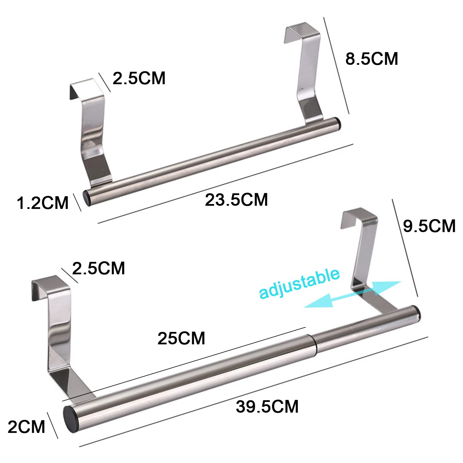 Stainless Steel Over-Cabinet Door Towel Holder (Pack of 2) - Kitchen and Bathroom Towel Rail Towel bar, Perfect for Hand or Tea Towels