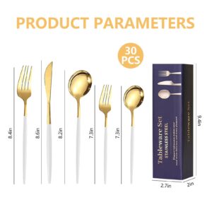 Kawlity Stainless Steel Serving Flatware Durable White & Gold Polished Knives Spoon Forks 30 Pcs Utensil Dinner Tableware, for Kitchen Dishwasher Adults and Children Ideal Gift