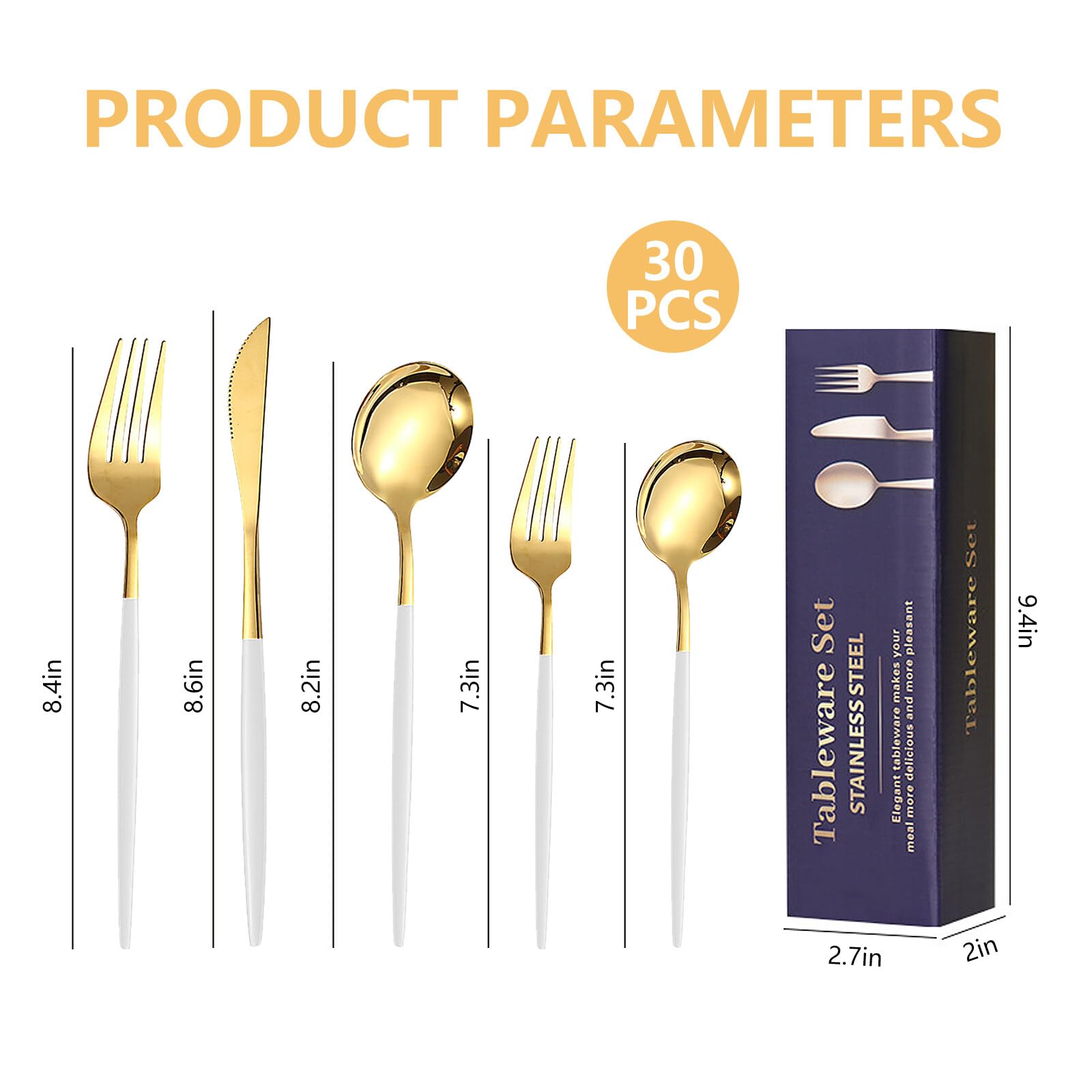 Kawlity Stainless Steel Serving Flatware Durable White & Gold Polished Knives Spoon Forks 30 Pcs Utensil Dinner Tableware, for Kitchen Dishwasher Adults and Children Ideal Gift