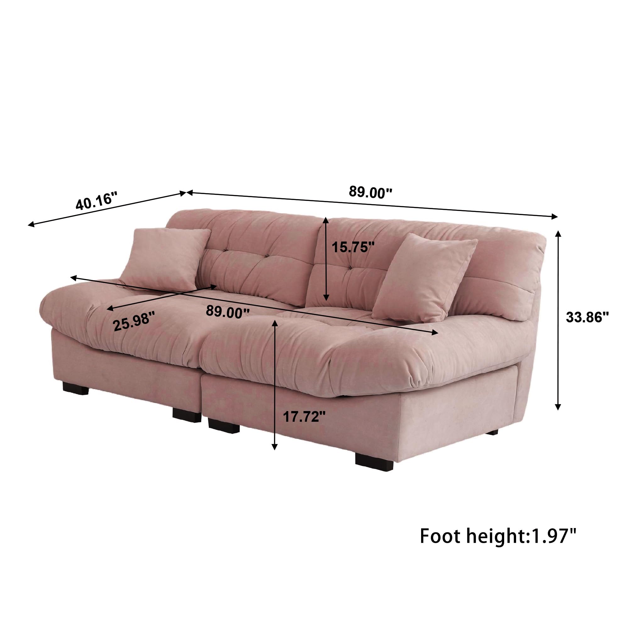 JACH 89" Oversized Deep Sectional Couch, Minimalist Love Seat Couches, Sectional Sofas with Thick Cushion, Comfy Corduroy Sofa with Two Pillows for Living Room, Apartment, Office, Pink