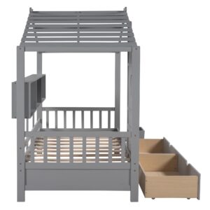 BEDGJH Kids House Bed Twin Platform Beds for Girls Boys, Wooden Twin Size House Bed with 2 Drawers and Storage Shelf, Easy Assembly, No Box Spring Needed (Gray, Twin)