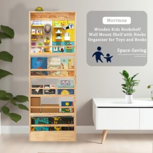 morimoe Wooden Kids Bookshelf, Wall Mount Shelf with Hooks, Organizer for Toys and Books, Space-Saving