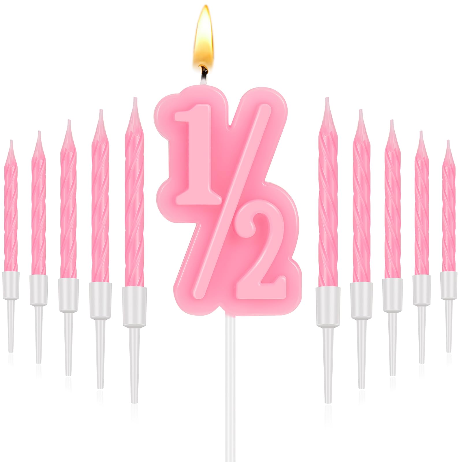 MTLEE 1/2 Birthday Candle Half Birthday Cake Topper with 10 Thin Spiral Cake Candles in Holders for 1/2 Birthday Anniversary Celebration Wedding Party Decorations(Pink)