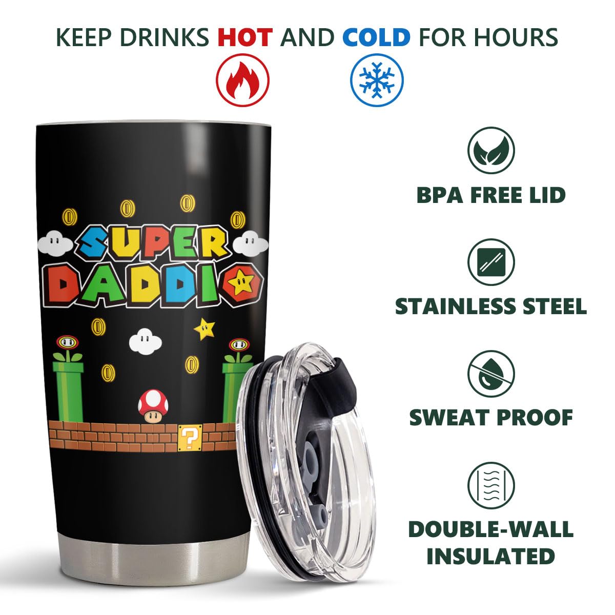 34HD Christmas Gifts for Dad, Daddio Tumbler with Lid 20 oz Stainless Steel, Daddio Coffee Mug, Gamer Dad Birthday Gifts from Daughter Son