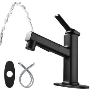 bathroom sink faucet with pull down sprayer, single handle fountain faucet for bathroom modern one hole bathroom faucet (matte black)