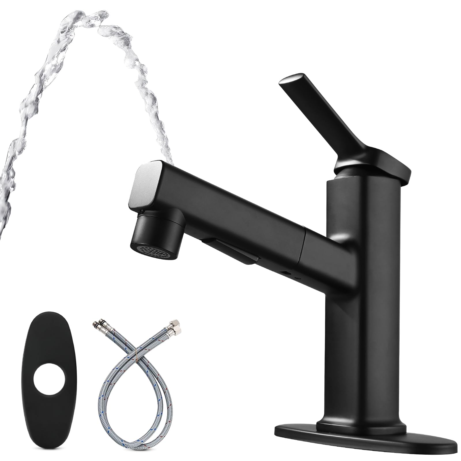 Bathroom Sink Faucet with Pull Down Sprayer, Single Handle Fountain Faucet for Bathroom Modern One Hole Bathroom Faucet (Matte Black)