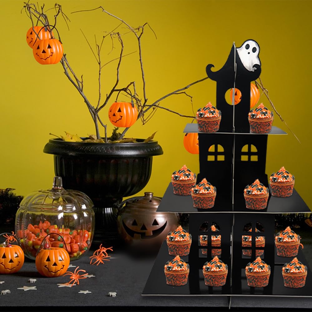 3-Tier Halloween Cupcake Stand Tower Halloween Castle Cake Stand Halloween Round Cardboard Dessert Tower Dessert Tree Tower for Halloween Party Supplies Dessert Serving Tray for Halloween Decorations