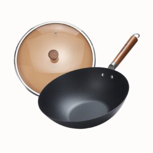 wangyuanji iron wok,12.59" lightweight woks and stir fry pans,wooden handle carbon steel wok no chemical coated flat bottom wok for induction, electric, gas, halogen all stoves