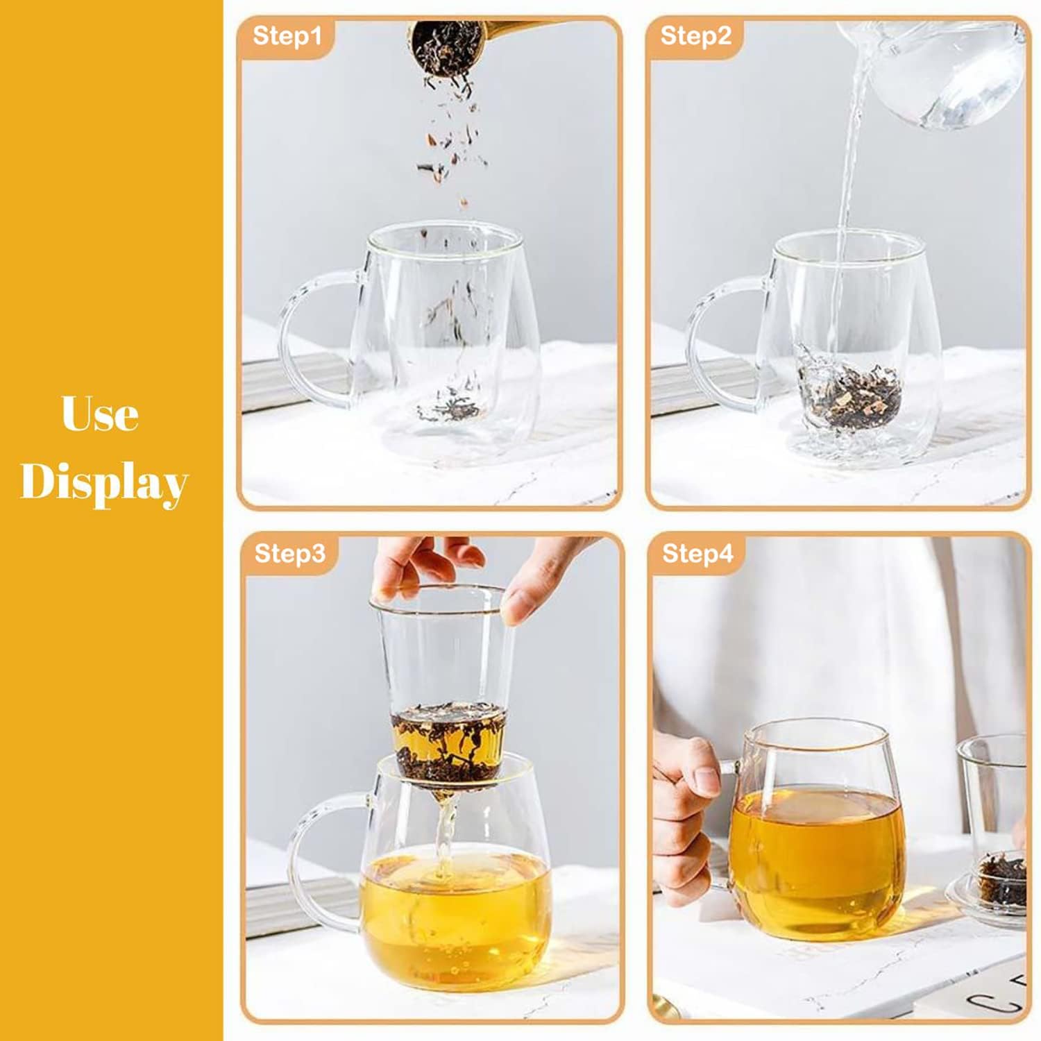 JPPSUJJ Glass Tea Cup with Infuser and Lid, Steeping Mug with Removable Strainer and Lid for Loose Leaf Tea, Borosilicate Glass Mug for Blooming Tea (Clear, 17.6 oz Capacity)