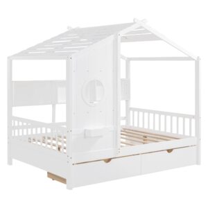 Linique Wooden Full Size House Bed with 2 Drawers and Storage Shelf,Full Platform Bed Frame with Pitched Roof,White