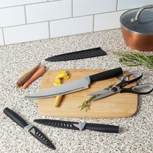 Home Basics Stainless Steel Kitchen Knife Set with Multi-Functional Scissors and Protective Sheaths Precision Cutting and Versatile Kitchen Tools