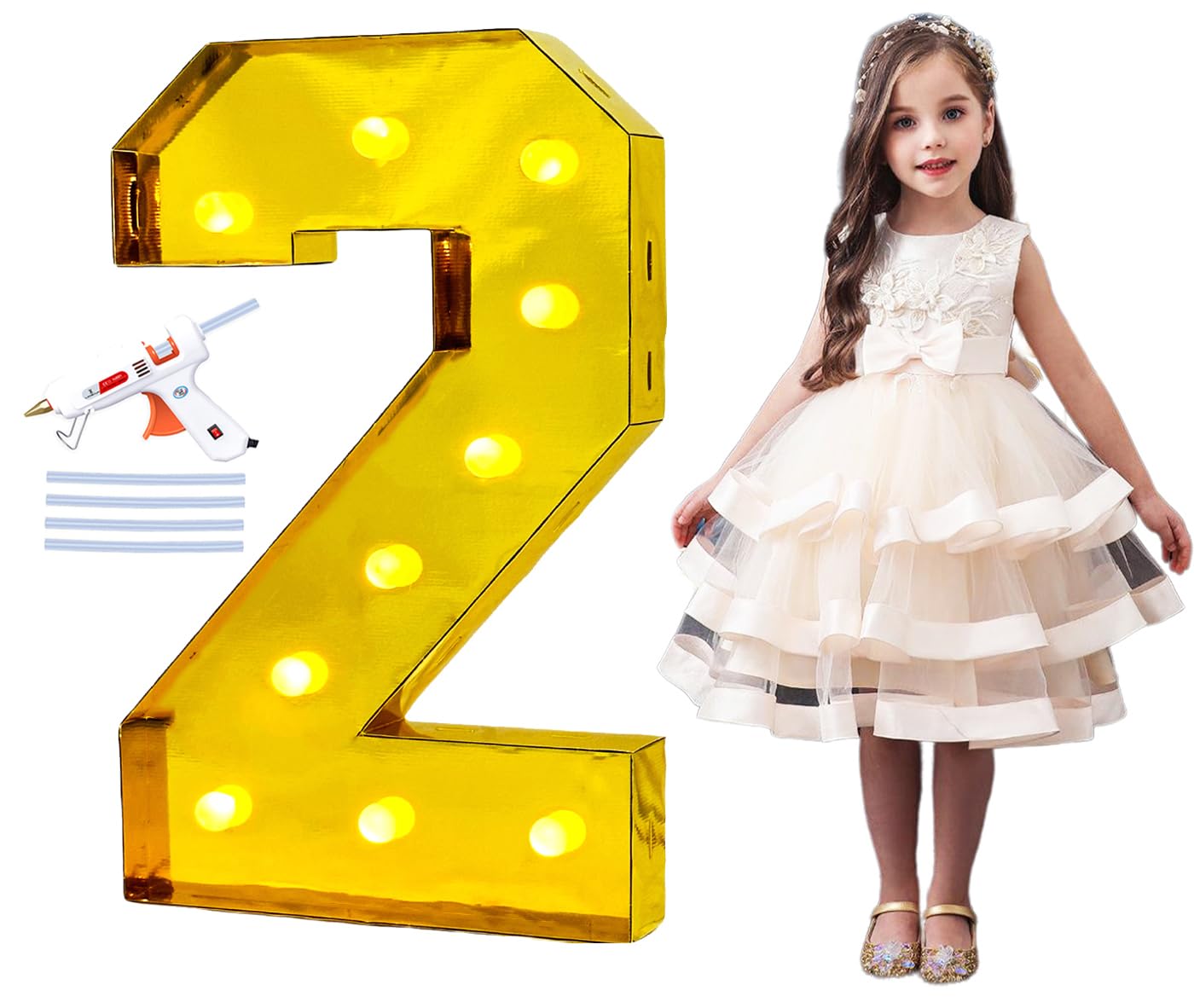 LANGXUN 40inch Gold Large Led Light Up Numbers for 1st 21st Birthday Decor, With Hot Glue Gun and Bracket, Marquee light up Numbers Party Wedding Decor Graduation Baby Shower Photo Background Decoration (Number 2)