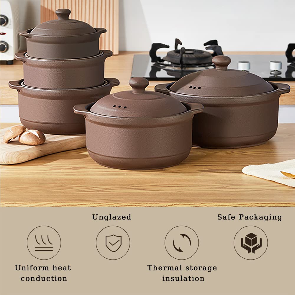 Natural Terracotta Casserole with Lids Clay Pots for Cooking, Unglazed Earthenware Rice Pots (T5-4.7QT)