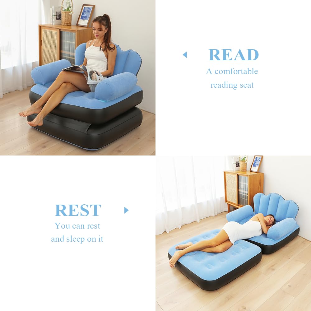 KAERMU Inflatable Sofa with Air Pump Outdoor Adult Lazy Sofa Multifunctional Five in One Inflatable Bed Convenient Foldable Lounge Chair,PVC Flocking,Perfect for Relaxing and Reading（Blue）