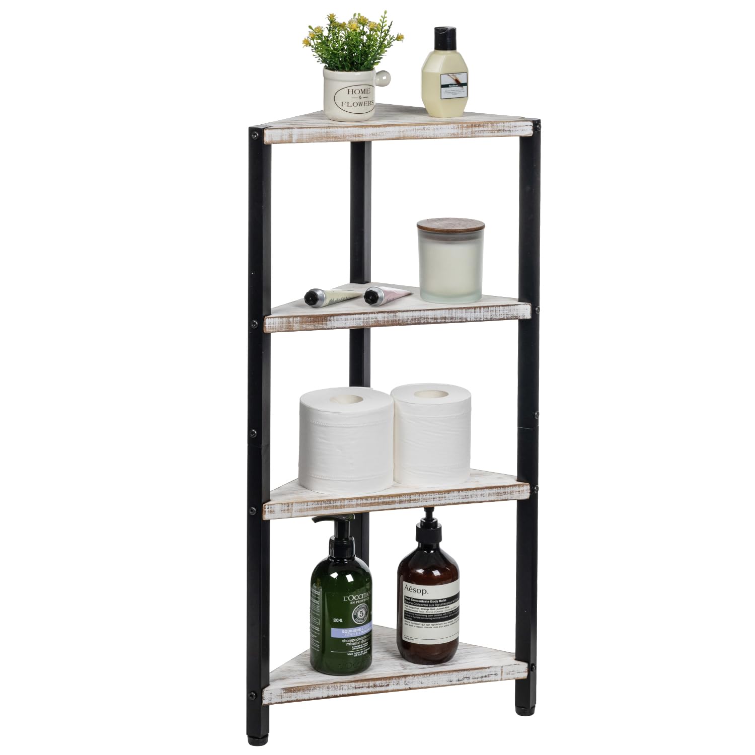 MyGift 4 Tier Shabby White Washed Solid Wood and Matte Black Metal Bathroom Corner Standing Shelf, Decorative Bath Storage Shelving Stand