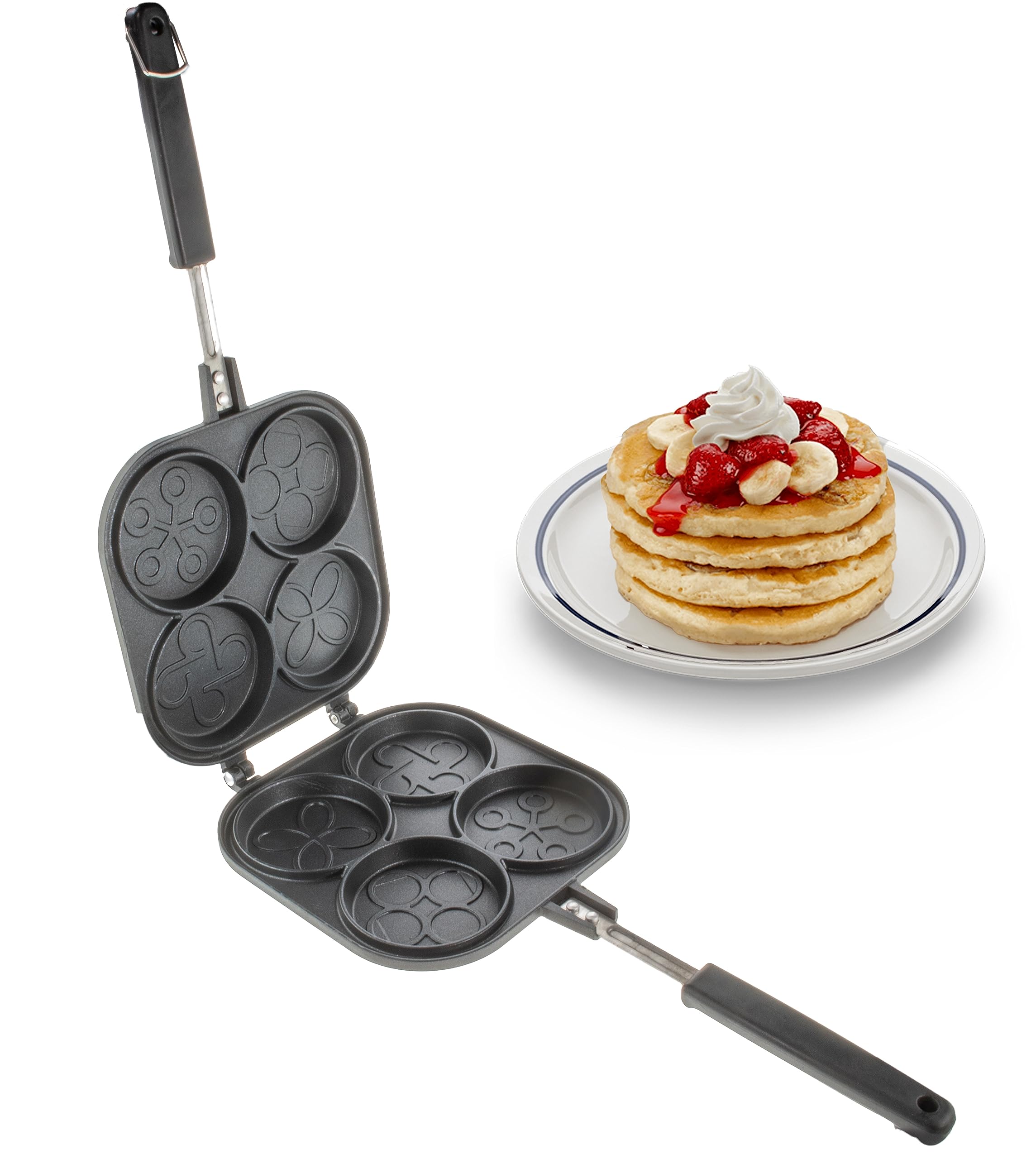 5 STAR SUPER DEALS Pancake Pan Maker Nonstick Double Sided w/ 4 Small Decorative Mold Designs for Perfect Eggs, French Toast, Omelette, Flip Jack, and Crepes