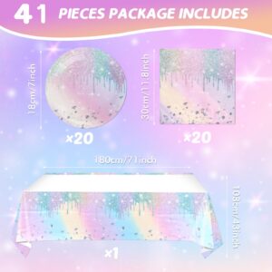 Juhap Iridescent Diamond Birthday Party Supplies Decorations, Disposable Holographic Paper Tableware Includes 20 Plates 20 Napkins and 1 Tablecloth for Girls Kids Birthday Theme Party, Serve 20