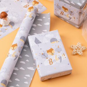 WRAPAHOLIC Reversible Baby Shower Wrapping Paper - Mini Roll - 17 Inch X 33 Feet - Grey Animal Design Neutral Baby Shower, Boys Girls Kids Birthday