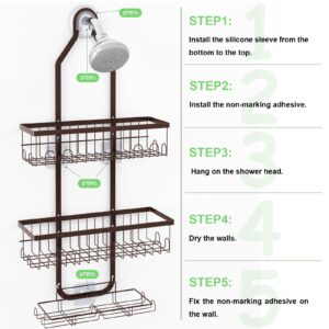 Fixwal Shower Caddy Over Shower Head, No Drilling Bathroom Hanging Shelf Storage Organizer Rack Basket with Hooks, 2 Soap Holders and Adhesives, Rustproof Waterproof Anti-Swing, Bronze