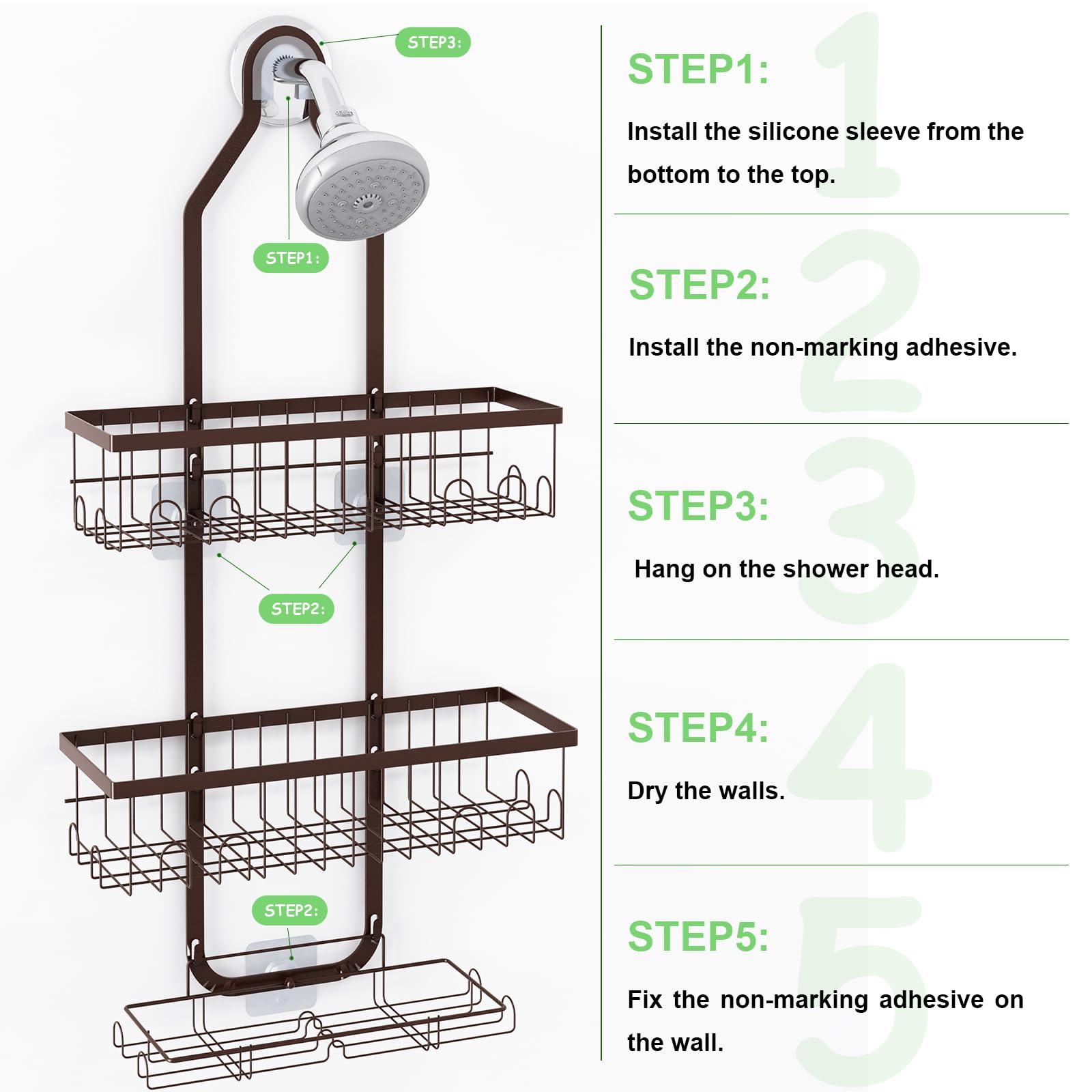 Fixwal Shower Caddy Over Shower Head, No Drilling Bathroom Hanging Shelf Storage Organizer Rack Basket with Hooks, 2 Soap Holders and Adhesives, Rustproof Waterproof Anti-Swing, Bronze