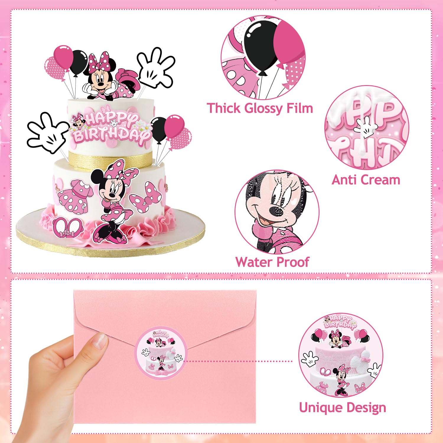 EnlSinr 9 Pcs Pink Minnie Cake Decorations for Girls, Pink Bow and White Gloves Mouse Birthday Decorations Minnie Birthday Cake Topper for Girls 1st 2nd 3rd Birthday Party Baby Shower Decorations