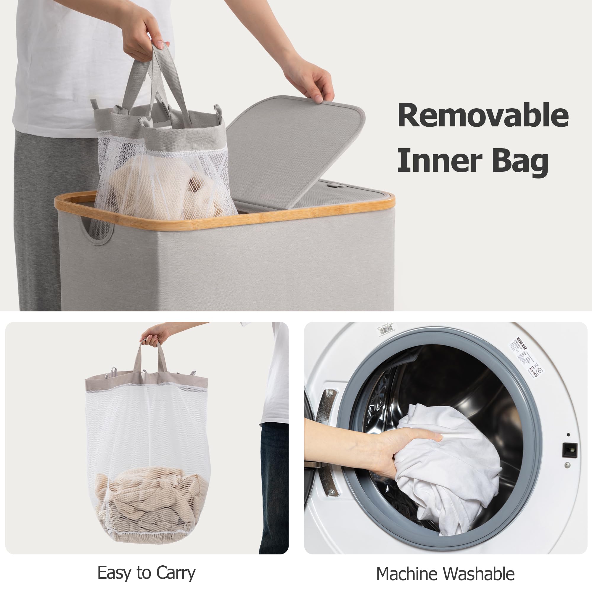 HBlife 145L Extra Large Double Laundry Hamper with Lid and Removable Inner Bag, 2 Section Collapsible Dirty Clothes Basket Organizer for Bathroom, Bedroom and Laundry Room, Light Grey