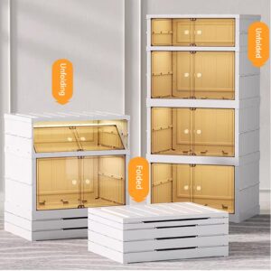 Collapsible Storage Bins 4 Tier, Kitchen Storage Cabinets with doors, Clear Plastic storage bins with Wheels, Tool-Free Installation Large Cabinet Organizer