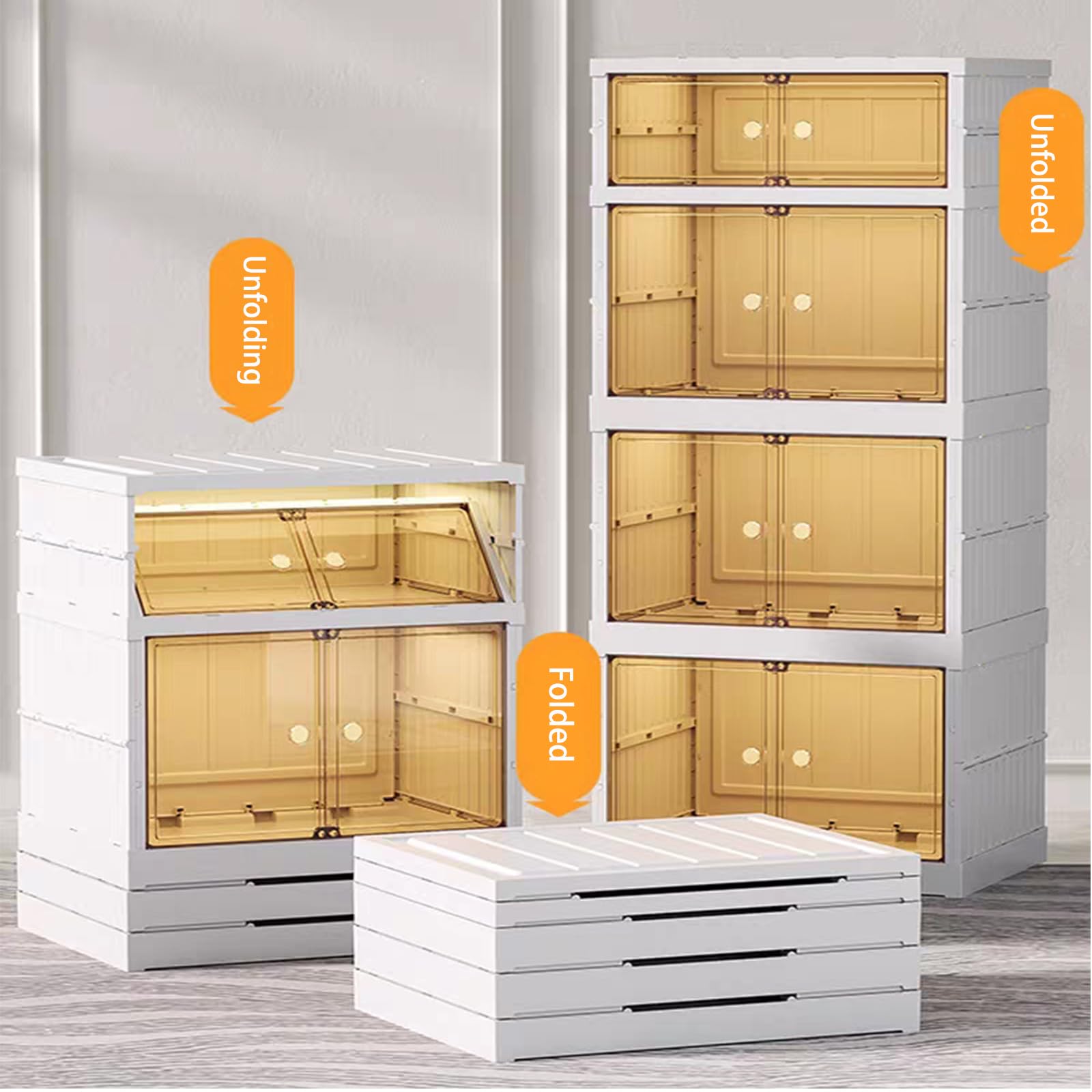 Collapsible Storage Bins 4 Tier, Kitchen Storage Cabinets with doors, Clear Plastic storage bins with Wheels, Tool-Free Installation Large Cabinet Organizer