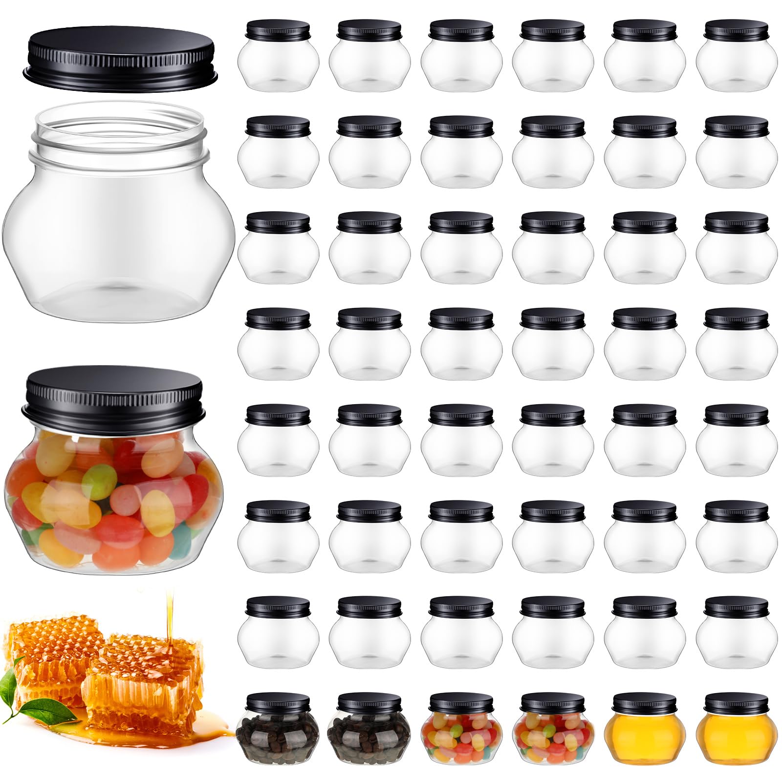 48 Pcs 4 oz Clear Plastic Jars with Lids Wide Mouth Mason Canning Jars Mini Storage Containers Bulk for Herb Jelly Wedding Favors Shower Party Favors (Black)