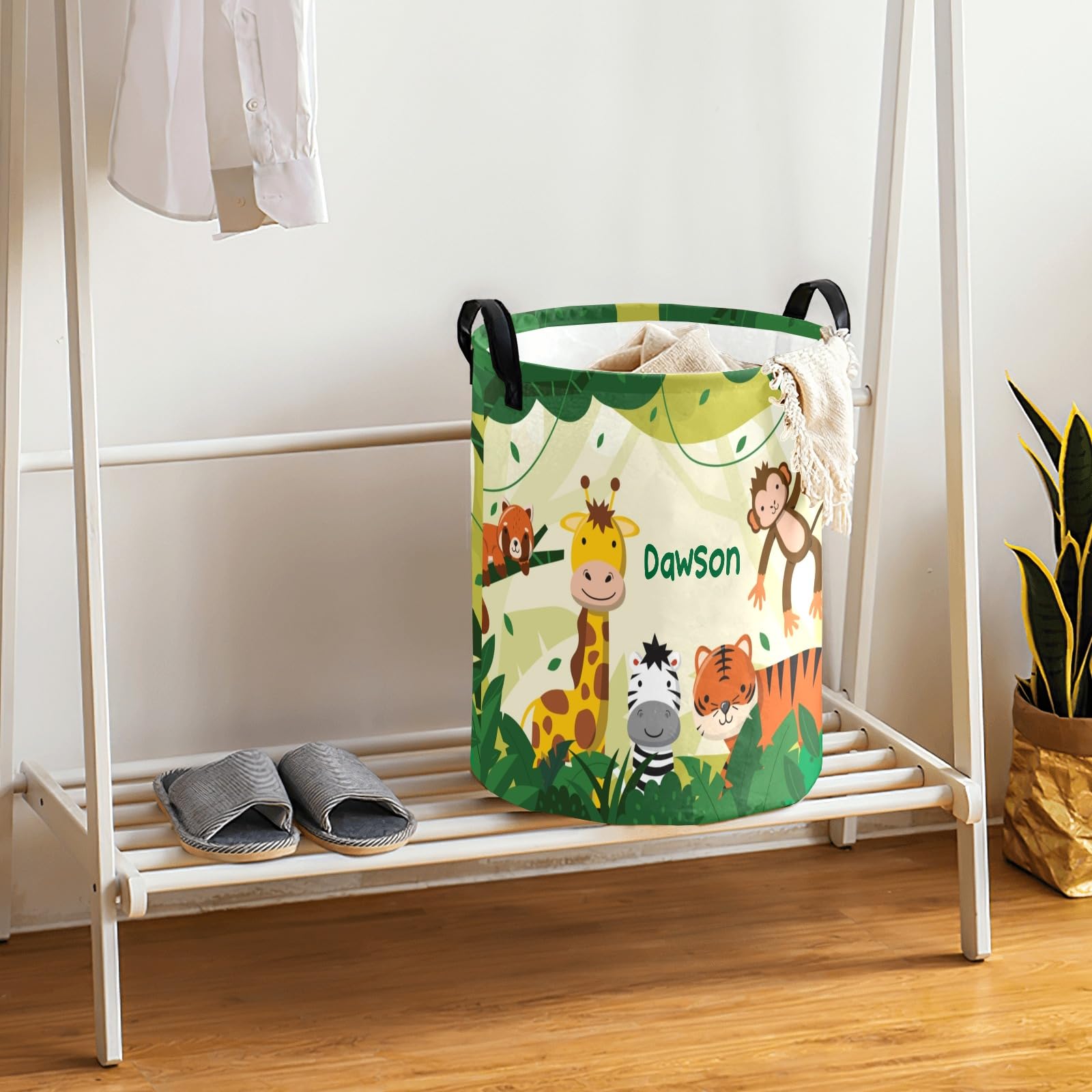 Jungle Zoo Animals Personalized Laundry Basket Storage Handle Waterproof Custom Hamper for Boy Girl Collapsible Clothes,Toy,Nursery