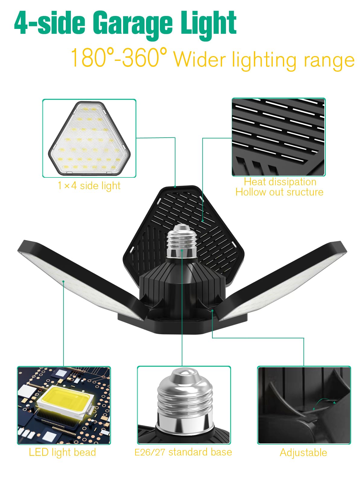 STODER Garage Lights Ceiling LED Adjustable Angles 120W 12000 Lumens 6500K Daylight Deformable Garage Ceiling E26/E27 Light Suitable for Garage Shop Basement Workshop (2Pack)