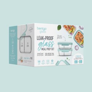 Bentgo Glass Leak-Proof Meal Prep Set - 4-Piece Lunch & Dinner 2-Compartment Glass Food Containers with Glass Lids - Reusable, BPA-Free, Microwave, Freezer, Oven & Dishwasher Safe (Seafoam/Seaglass)