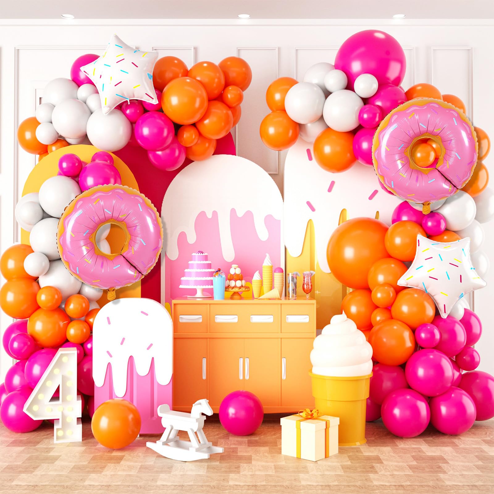 Donut Balloon Garland Arch Kit, Donut Theme Party Decorations, Hot Pink Orange Latex Balloons with White Star Donut Foil Balloons for Girls Baby Shower Sweet Donut Birthday Party Supplies