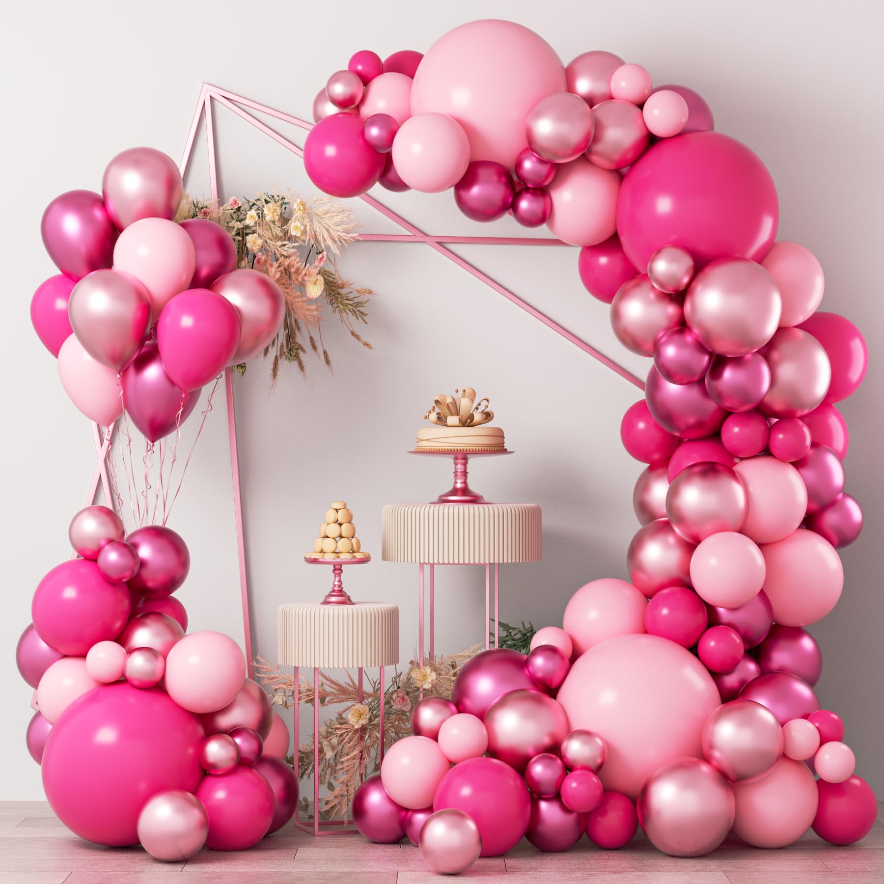 COKAOBE Pink Balloons Garlands Arch Kit, 124pcs Hot Pink Pastel Pink Metallic Magenta Latex Balloons for Wedding Engagement Princess Theme Birthday Bridal Shower Baby Shower Party Decorations