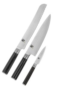 shun classic damascus 3-piece knife set, includes chef’s knife 8-in, bread knife 9-in and paring knife 3.5-in set, made in seki, japan