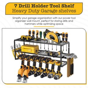 SAZMOS Power tool Organizer Wall Mount, 7 Drill Holder Tool Shelf, Heavy Duty Garage shelves Utility Tool Storage, 3 Layers Power tool Storage