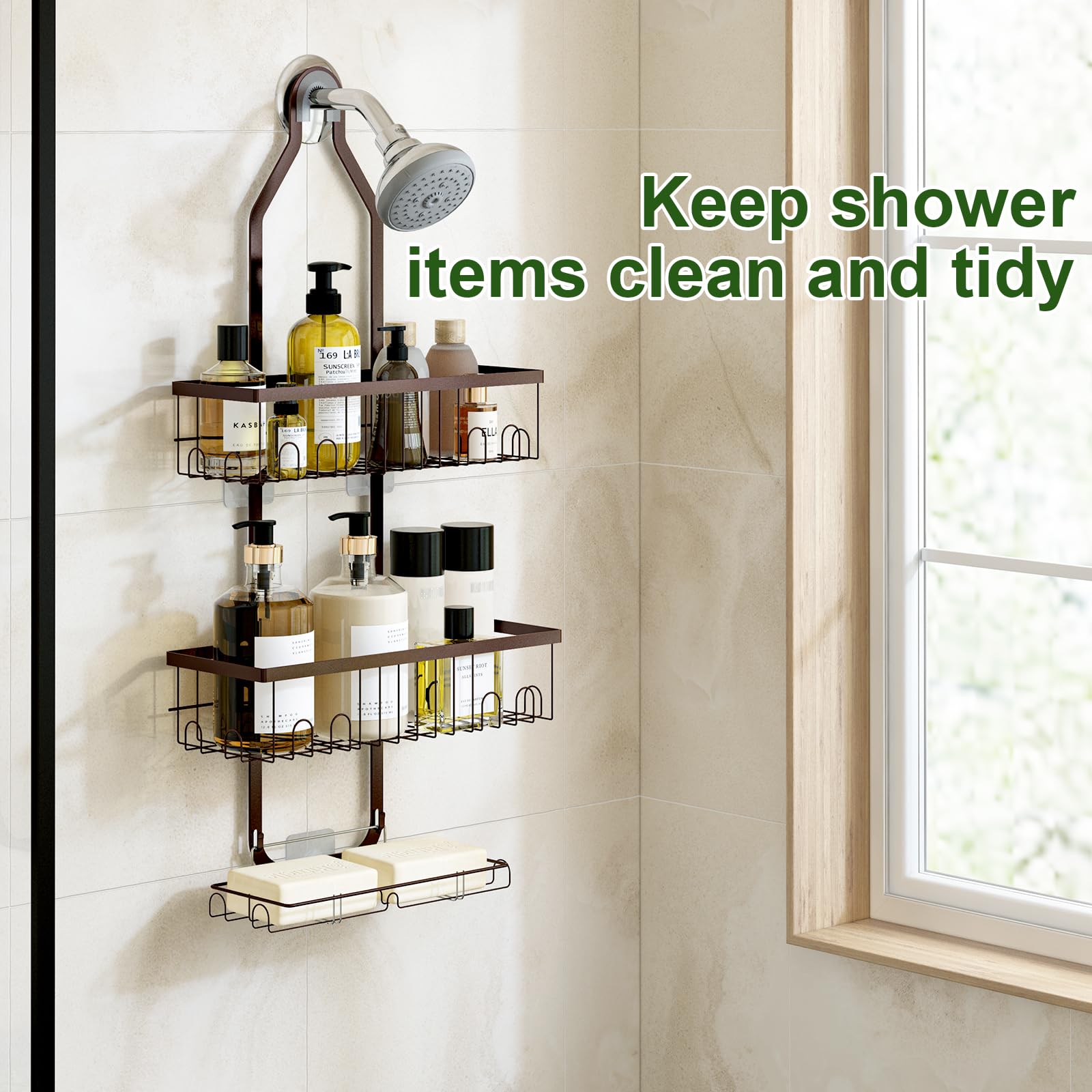 Fixwal Shower Caddy Over Shower Head, No Drilling Bathroom Hanging Shelf Storage Organizer Rack Basket with Hooks, 2 Soap Holders and Adhesives, Rustproof Waterproof Anti-Swing, Bronze