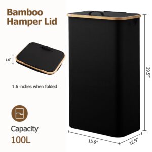 HBlife 100L Large Laundry Hamper with Lid and Removable Inner Bag, Collapsible Dirty Clothes Basket Organizer for Bathroom, Bedroom and Laundry Room, Black