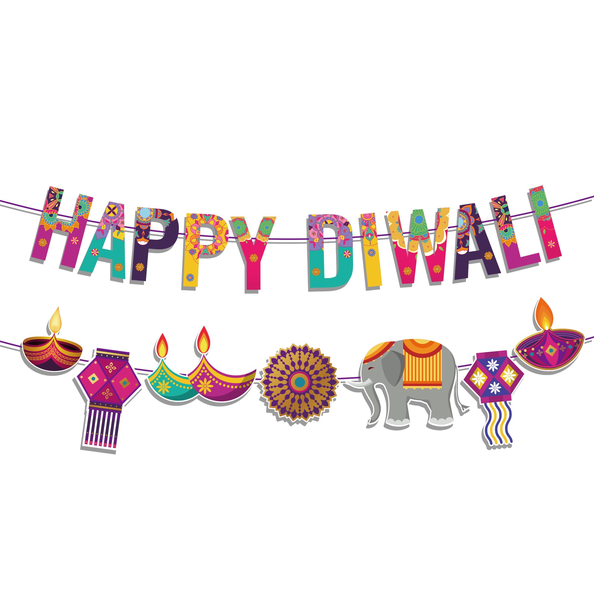 KYMY Happy Diwali Paper Banners, Deepavali Themed Pennants Hanging Banners, Indian Festival of Lights Paper Banner Sign and Diwali Pennants for India Diwali Party Decorations