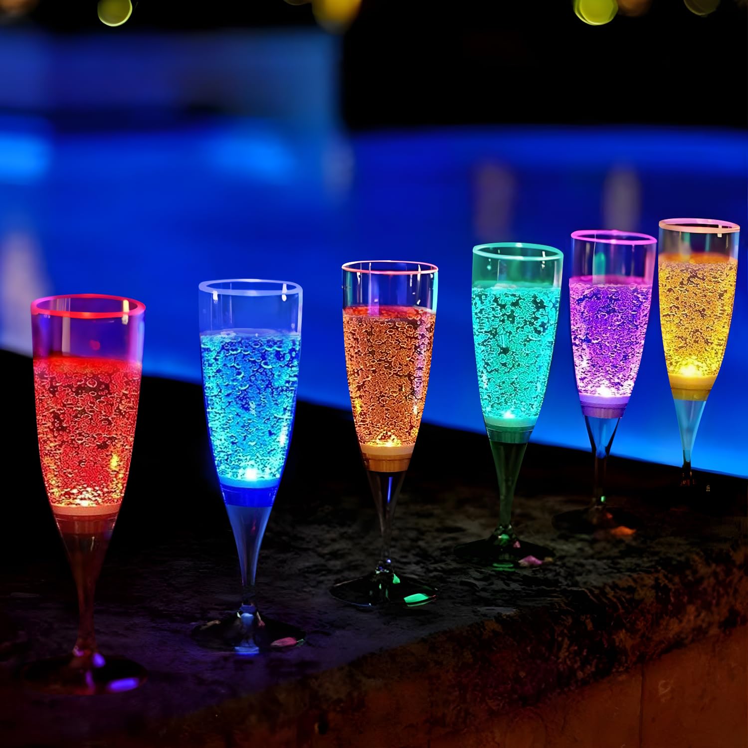 LED Light Up Cups Wine Champagne Flutes Set of 6 Party Favors Adults, Colored Plastic Champagne Flutes Drinking Glasses Glow in the Dark Colorful Glowing Cups for Birthday Christmas Halloween Weddings