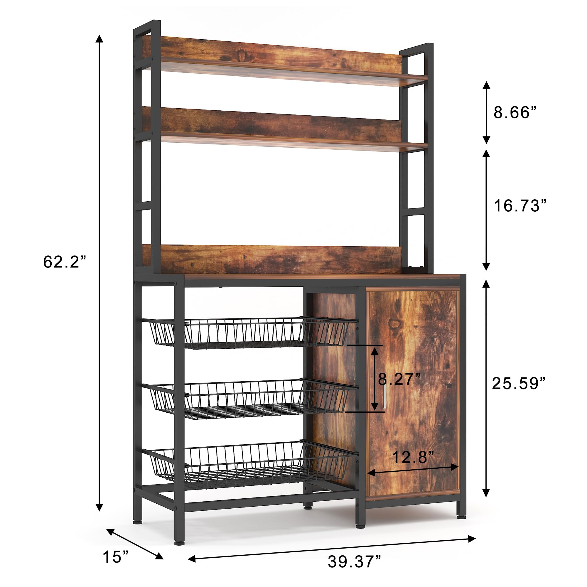 NAIYUFA Kitchen Bakers Rack with Baskets and Door,Industrial Microwave Oven Stand,Kitchen Utility Storage Shelf,Free Standing Kitchen Utility Cart Storage Shelf Organizer with Hooks